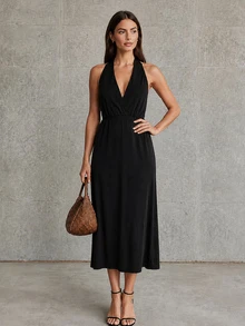 CHARMVALE Women's Solid Color Pleated Casual Party Halter Neck Dress - Black - View 3