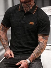 EGENSIO Men's Knitted Jacquard Solid Color Textured Collar Cuff Ribbed Two-Patch Black Patch Chest Patch Polo Shirt - Black - View 6