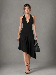 CHARMVALE Women's Solid Color Deep V-Neck Asymmetrical Hem Sexy Halter Neck Dress - Black - View 6