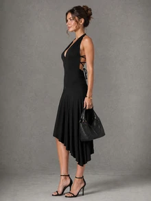 CHARMVALE Women's Solid Color Deep V-Neck Asymmetrical Hem Sexy Halter Neck Dress - Black - View 5