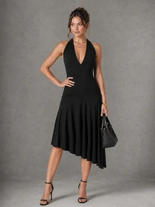CHARMVALE Women's Solid Color Deep V-Neck Asymmetrical Hem Sexy Halter Neck Dress - Black - View 3