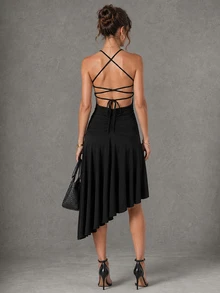 CHARMVALE Women's Solid Color Deep V-Neck Asymmetrical Hem Sexy Halter Neck Dress - Black - View 4
