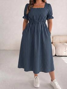 SHEIN Essnce Plus Size Striped Square Neck Vacation Dress, Casual Minimalist - Navy Blue - View 3