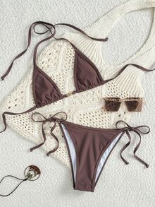 SHEIN Swim Shell & Metal Buckle Closure Solid Color Micro Triangle Bikini Set For Summer Beach Vacation - Coffee Brown - View 1