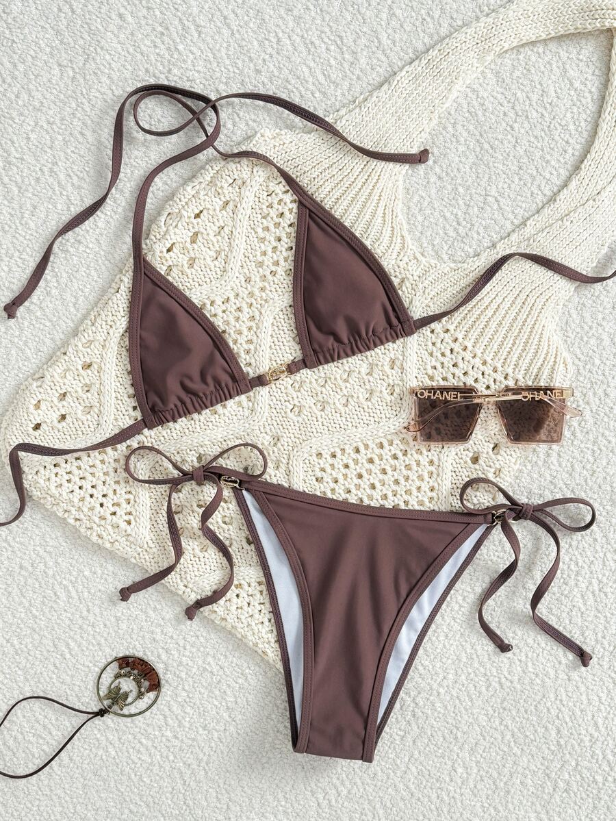 SHEIN Swim Shell & Metal Buckle Closure Solid Color Micro Triangle Bikini Set For Summer Beach Vacation - Coffee Brown - View 1