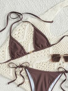 SHEIN Swim Shell & Metal Buckle Closure Solid Color Micro Triangle Bikini Set For Summer Beach Vacation - Coffee Brown - View 3
