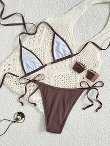 SHEIN Swim Shell & Metal Buckle Closure Solid Color Micro Triangle Bikini Set For Summer Beach Vacation - Coffee Brown - View 2