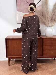 Lounesse Setelan 2 Potong Sweatshirt Lengan Panjang dan Celana Motif Polkadot Ukuran Besar untuk Musim Gugur - Coklat - View 4