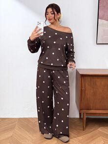 Lounesse Setelan 2 Potong Sweatshirt Lengan Panjang dan Celana Motif Polkadot Ukuran Besar untuk Musim Gugur - Coklat - View 6