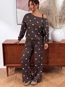 Lounesse Setelan 2 Potong Sweatshirt Lengan Panjang dan Celana Motif Polkadot Ukuran Besar untuk Musim Gugur - Coklat - View 2
