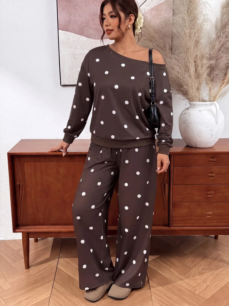 Lounesse Setelan 2 Potong Sweatshirt Lengan Panjang dan Celana Motif Polkadot Ukuran Besar untuk Musim Gugur