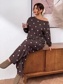 Lounesse Setelan 2 Potong Sweatshirt Lengan Panjang dan Celana Motif Polkadot Ukuran Besar untuk Musim Gugur - Coklat - View 5