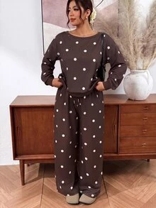Lounesse Setelan 2 Potong Sweatshirt Lengan Panjang dan Celana Motif Polkadot Ukuran Besar untuk Musim Gugur - Coklat - View 7
