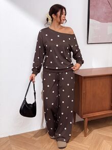 Lounesse Setelan 2 Potong Sweatshirt Lengan Panjang dan Celana Motif Polkadot Ukuran Besar untuk Musim Gugur - Coklat - View 3
