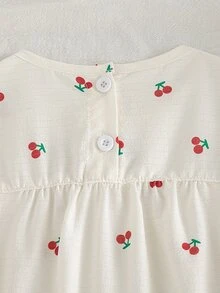 Vintaside Kids 2件組女嬰甜美櫻桃印花蝴蝶結花瓣袖上衣，春秋幼童女款荷葉邊下擺捲袖口牛仔長褲休閒日常套裝 - 米色 - 查看 5