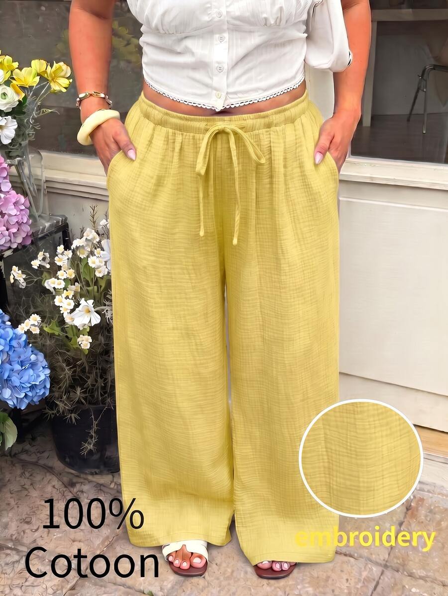 GalTyme Plus Size Casual Vacation Pants In Yellow Formal Vacation Autumn Fall Vacation Vacation Vacation Bussines Vacation Bussines Vacation - Pale Yellow - View 1