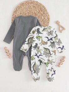 SHEIN 新生兒恐龍印花拉鍊休閒日常長袖連身衣 2件組 - 灰色 - 查看 3