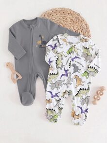 SHEIN 新生兒恐龍印花拉鍊休閒日常長袖連身衣 2件組 - 灰色 - 查看 8