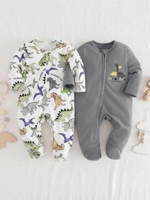 SHEIN 新生兒恐龍印花拉鍊休閒日常長袖連身衣 2件組 - 灰色 - 查看 2
