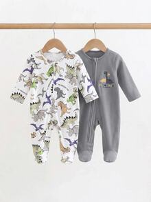 SHEIN 新生兒恐龍印花拉鍊休閒日常長袖連身衣 2件組 - 灰色 - 查看 7