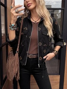 Wildy BOHO Retro 70's Inspired 90s Vintage Casual Western Country Nomad Women's Fall Daily Basic Outfit Embroidered Thin Jacket Travel Vacation Dark Brown - Black - View 7