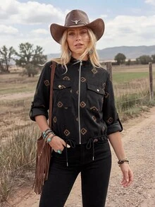 Wildy BOHO Retro 70's Inspired 90s Vintage Casual Western Country Nomad Women's Fall Daily Basic Outfit Embroidered Thin Jacket Travel Vacation Dark Brown - Black - View 5