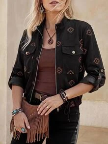 Wildy BOHO Retro 70's Inspired 90s Vintage Casual Western Country Nomad Women's Fall Daily Basic Outfit Embroidered Thin Jacket Travel Vacation Dark Brown - Black - View 3