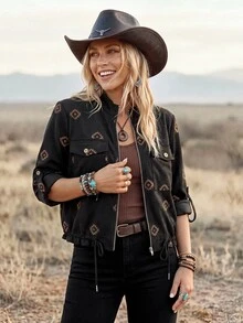 Wildy BOHO Retro 70's Inspired 90s Vintage Casual Western Country Nomad Women's Fall Daily Basic Outfit Embroidered Thin Jacket Travel Vacation Dark Brown - Black - View 4