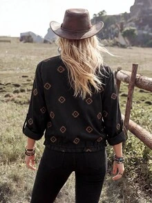 Wildy BOHO Retro 70's Inspired 90s Vintage Casual Western Country Nomad Women's Fall Daily Basic Outfit Embroidered Thin Jacket Travel Vacation Dark Brown - Black - View 2
