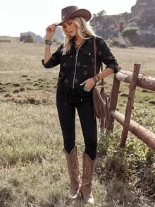 Wildy BOHO Retro 70's Inspired 90s Vintage Casual Western Country Nomad Women's Fall Daily Basic Outfit Embroidered Thin Jacket Travel Vacation Dark Brown - Black - View 6