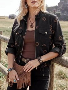 Wildy BOHO Retro 70's Inspired 90s Vintage Casual Western Country Nomad Women's Fall Daily Basic Outfit Embroidered Thin Jacket Travel Vacation Dark Brown - Black - View 1