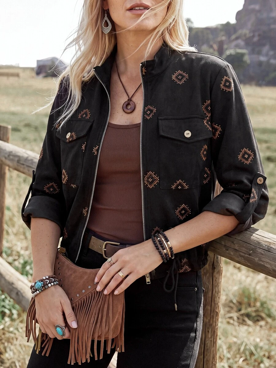 Wildy BOHO Retro 70's Inspired 90s Vintage Casual Western Country Nomad Women's Fall Daily Basic Outfit Embroidered Thin Jacket Travel Vacation Dark Brown - Black - View 1
