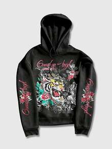 ROMWE MEN Street Life Men's Autumn/Winter Casual Tiger Print Hoodie - Black - View 3