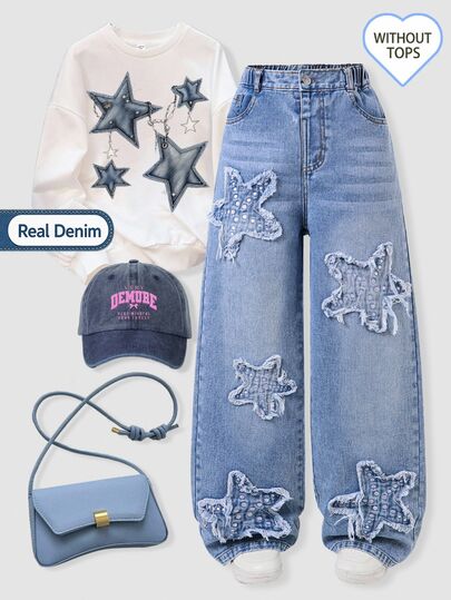 SHEIN Genkimix Kids Celana Panjang Denim Anak Perempuan, Denim Biru Muda Pudar, Bordir Patch Bintang Keren Gaya Y2K, Ujung Bawah Berumbai dengan Efek Rumbai, Pinggang Elastis untuk Kenyamanan, Potongan Longgar, Gaya Jalanan dengan Nuansa Keren yang Dipersonalisasi, Cocok untuk Semua Musim, Sekolah Sehari-hari, Aktivitas Luar Ruangan Akhir Pekan atau Belanja Santai
