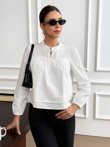 Serisse Solid Frill Tie Neck Puff Sleeve Blouse - White - View 6