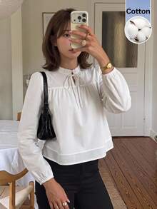 Serisse Solid Frill Tie Neck Puff Sleeve Blouse - White - View 1