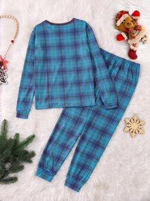 SHEIN 青少年男孩復古格紋修身兩件式居家服套裝，圓領對比飾邊長袖上衣與長褲，海軍藍，秋冬保暖內層貼身款 - 藍色 - 查看 2