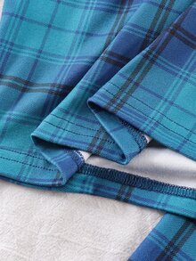 SHEIN 青少年男孩復古格紋修身兩件式居家服套裝，圓領對比飾邊長袖上衣與長褲，海軍藍，秋冬保暖內層貼身款 - 藍色 - 查看 8