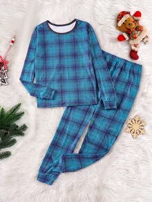 SHEIN 青少年男孩復古格紋修身兩件式居家服套裝，圓領對比飾邊長袖上衣與長褲，海軍藍，秋冬保暖內層貼身款 - 藍色 - 查看 3