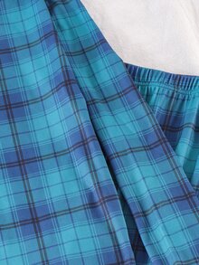 SHEIN 青少年男孩復古格紋修身兩件式居家服套裝，圓領對比飾邊長袖上衣與長褲，海軍藍，秋冬保暖內層貼身款 - 藍色 - 查看 6