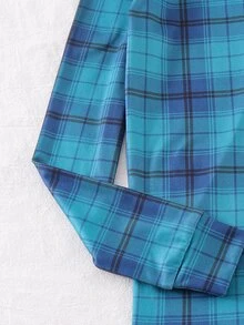 SHEIN 青少年男孩復古格紋修身兩件式居家服套裝，圓領對比飾邊長袖上衣與長褲，海軍藍，秋冬保暖內層貼身款 - 藍色 - 查看 4