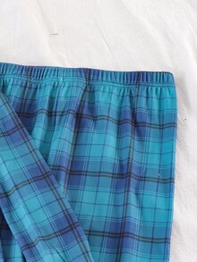 SHEIN 青少年男孩復古格紋修身兩件式居家服套裝，圓領對比飾邊長袖上衣與長褲，海軍藍，秋冬保暖內層貼身款 - 藍色 - 查看 9