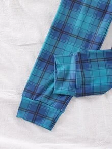 SHEIN 青少年男孩復古格紋修身兩件式居家服套裝，圓領對比飾邊長袖上衣與長褲，海軍藍，秋冬保暖內層貼身款 - 藍色 - 查看 10