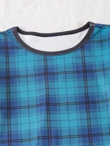 SHEIN 青少年男孩復古格紋修身兩件式居家服套裝，圓領對比飾邊長袖上衣與長褲，海軍藍，秋冬保暖內層貼身款 - 藍色 - 查看 5