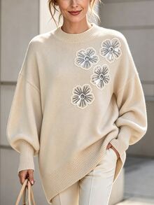 SHEIN 女款刺繡花卉針織上衣 - 杏色 - 查看 5