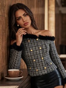 Anewsta Women's Autumn/Winter Faux Fur Patchwork Asymmetrical Shoulder Tweed Jacket - Black - View 1