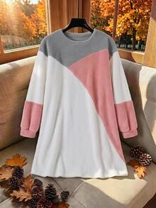 Rusticease Sweatshirt Longgar Kasual Ukuran Besar Musim Gugur/Dingin, Motif Blok Warna, Pakaian Rumah Formal Putih - MultiWarna - View 3