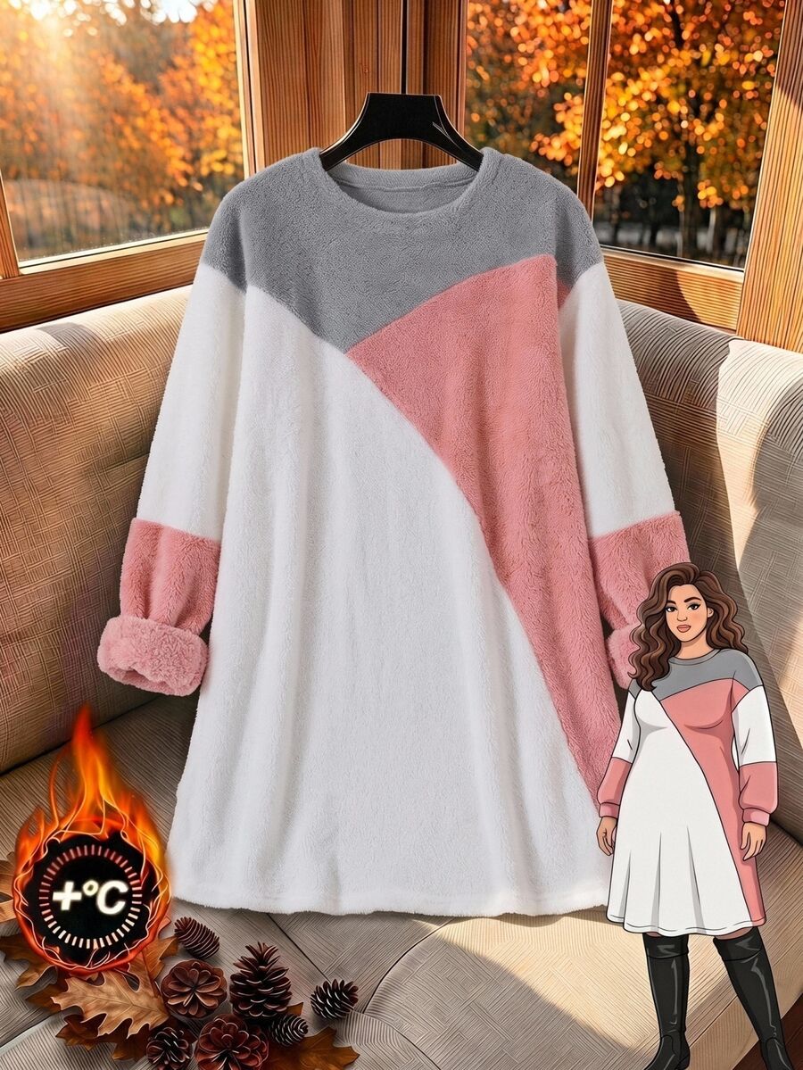 Rusticease Sweatshirt Longgar Kasual Ukuran Besar Musim Gugur/Dingin, Motif Blok Warna, Pakaian Rumah Formal Putih - MultiWarna - View 1