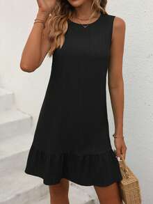Breezaya Solid Ruffle Hem Dress Vacation Beach Outfits Women - Black - View 5