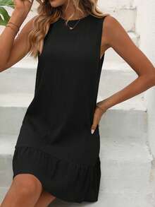 Breezaya Solid Ruffle Hem Dress Vacation Beach Outfits Women - Black - View 6